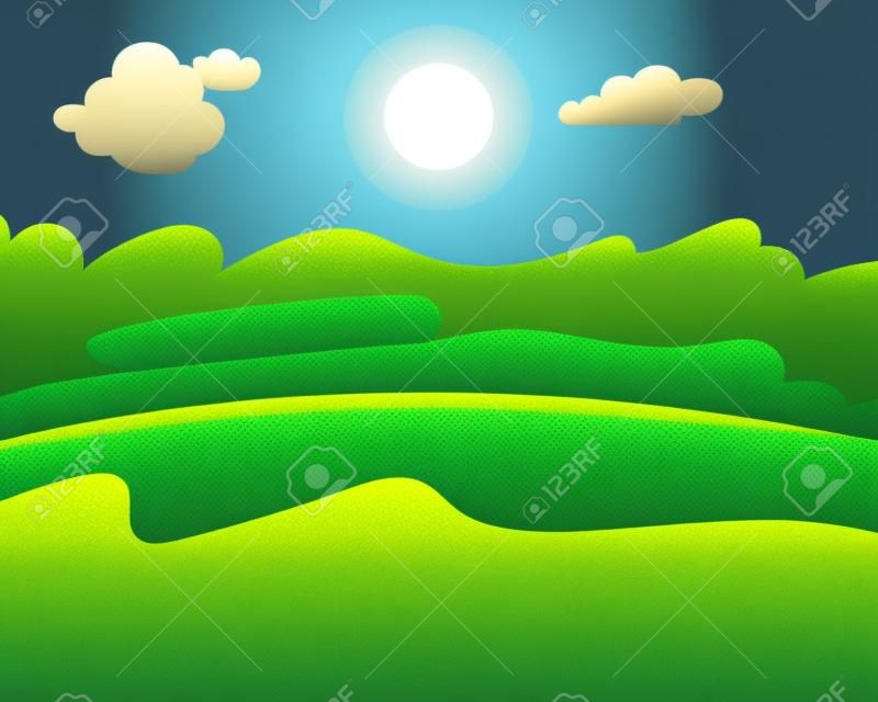 Green field, Clouds, Sky and Sun, Vector illustration