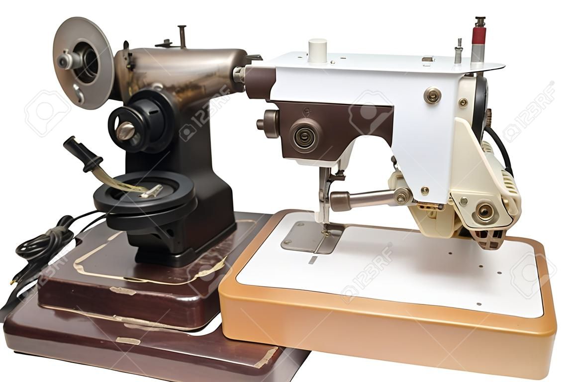 professional sewing machines, mechanical and electrical. rear view. isolated on white background, with clipping path