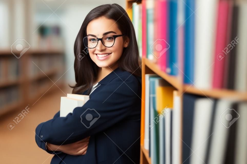 젊은 비즈니스 여성 또는 라이브러리에 서 서 무기에 일부 책을 들고 안경에 학생의 초상화. 카메라, 미소, 교육 개념을 보고 세련 된 백인 여성 교사