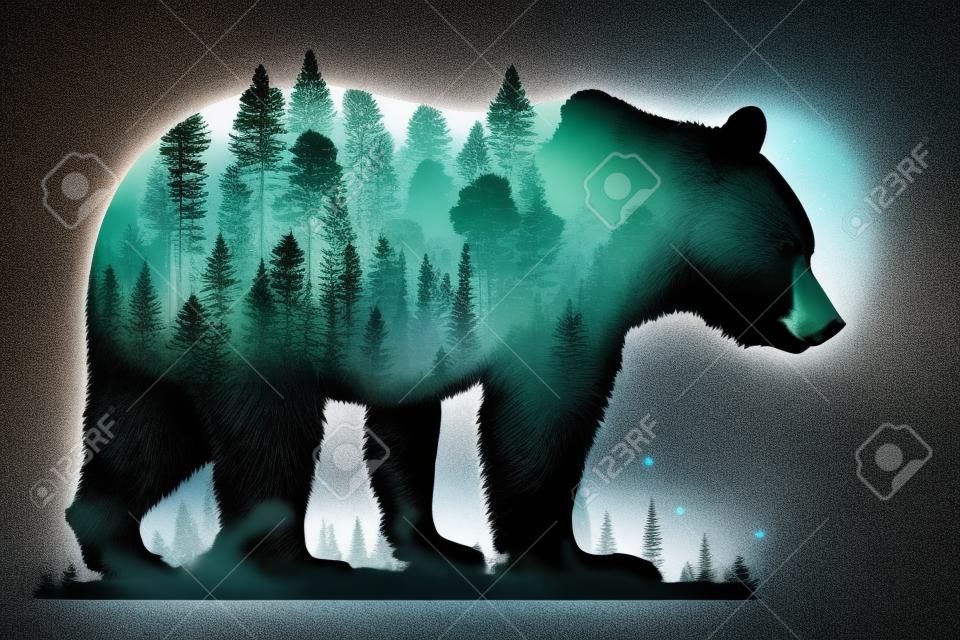 ツキノワグマと森の二重露光。生成 AI のイラスト。