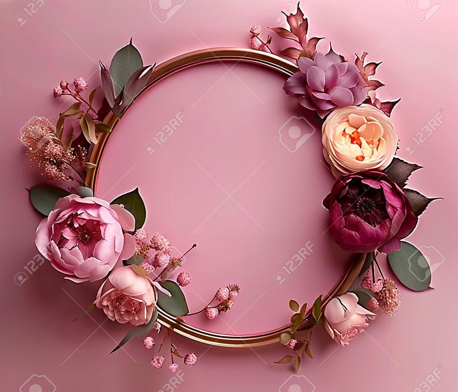 Okrągła ramka ozdobiona kwiatami i liśćmi na różowym tle tworzy uroczą i atrakcyjną wizualnie kompozycję