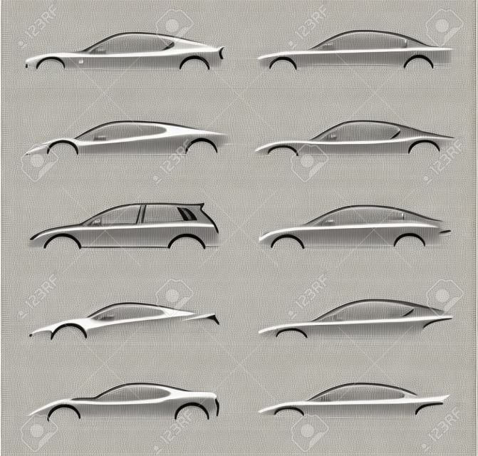 Konsept supercar, spor araba ve beyaz zemin üzerine set sedan motorlu taşıt siluet koleksiyonu. Vector illustration.