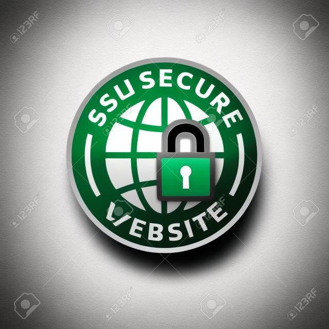 セキュリティで保護された SSL web サイト アイコン。南京錠記号の付いたグローブ。セキュリティで保護された世界のシンボルです。白地に緑色の錠前アイコン ワッペン付きグレーのグローブ。