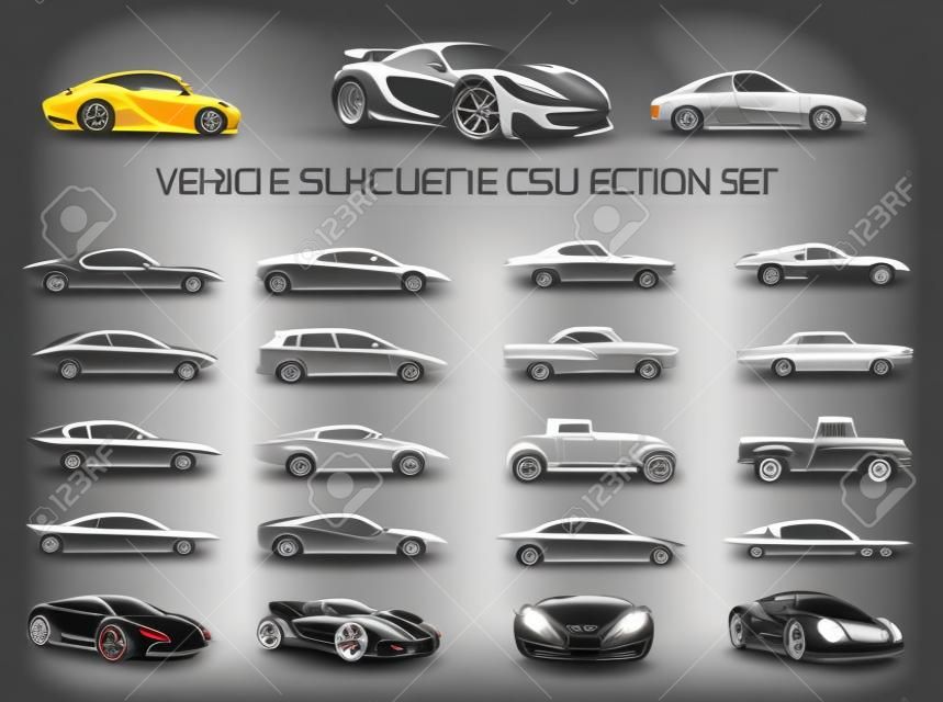 Supercar és a rendszeres autós sziluett gyűjtemény készlet. Vektoros illusztráció.