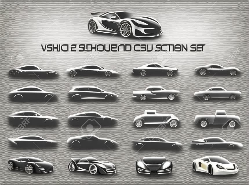 スーパーカーと普通車車両シルエット コレクションを設定します。ベクトルの図。
