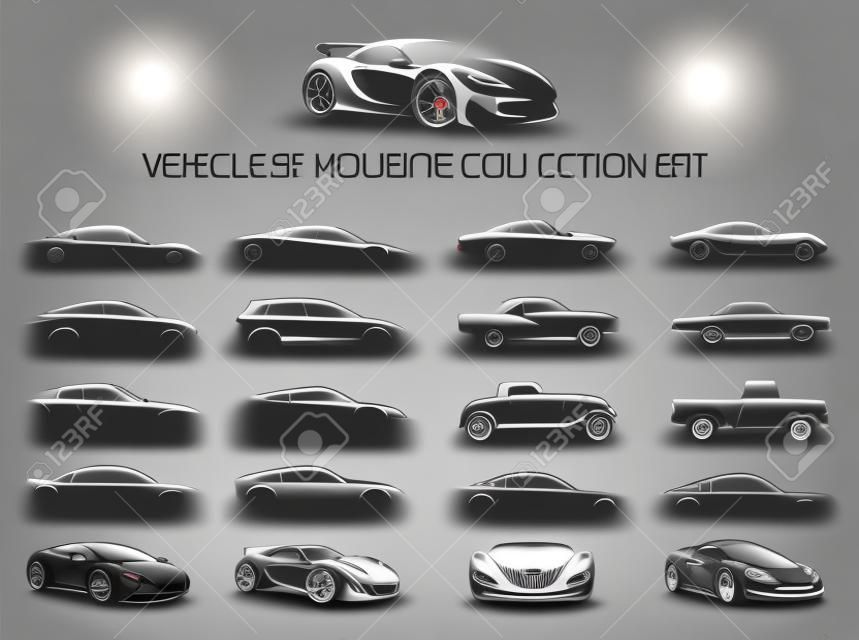 Supercar i regularny zestaw samochodowy sylwetka kolekcji. Ilustracji wektorowych.