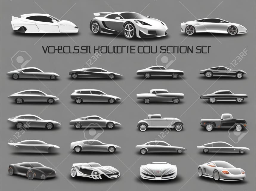 Supercar en gewone auto voertuig silhouet collectie set. Vector illustratie.