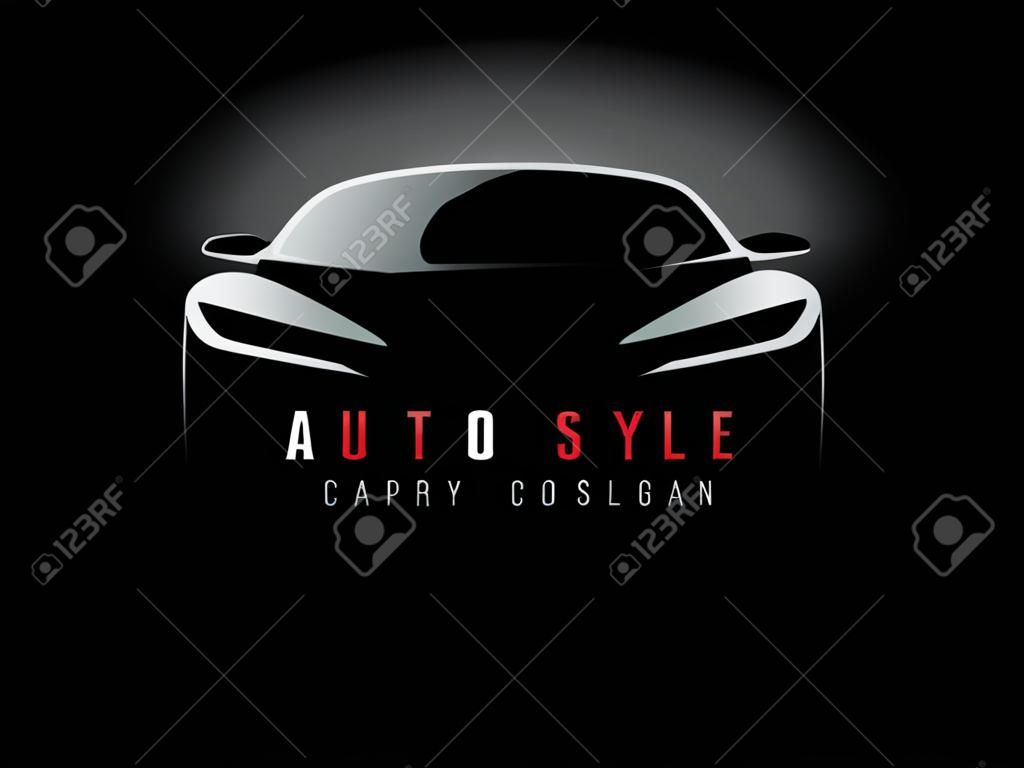 Auto styl samochodu ikona projektu z pojęciami sportu sylweta symbol pojazdu na czarnym tle. Ilustracji wektorowych.