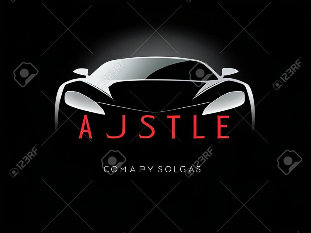 Progettazione automatica dell'icona dell'automobile di stile con la siluetta di simbolo del veicolo sportivo di concetto su fondo nero. Illustrazione vettoriale