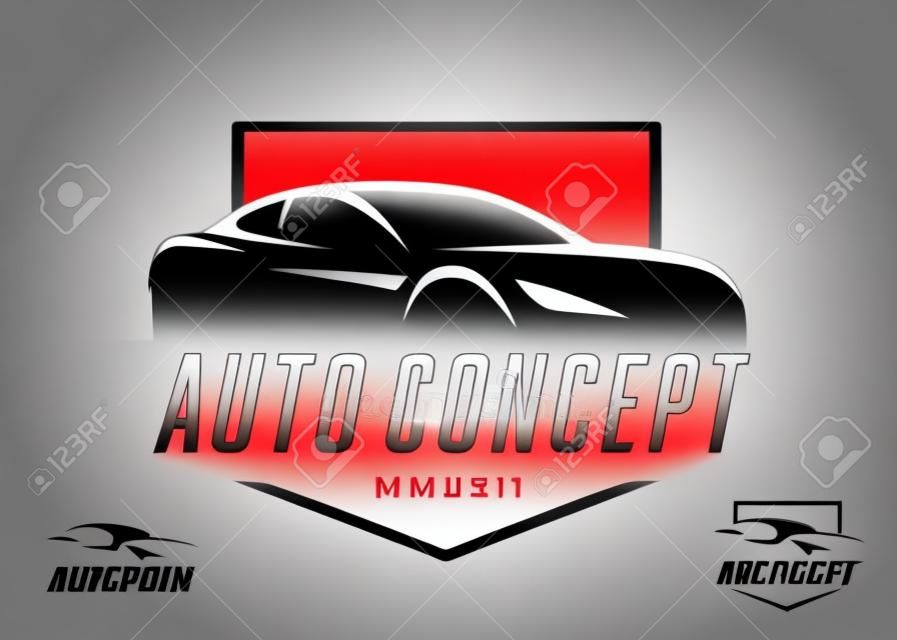 Auto sports car logo design concept. Supercar silhouette icon. Motor vehicle dealership showroom badge. Automotive performance garage workshop symbol. Vector illustration.