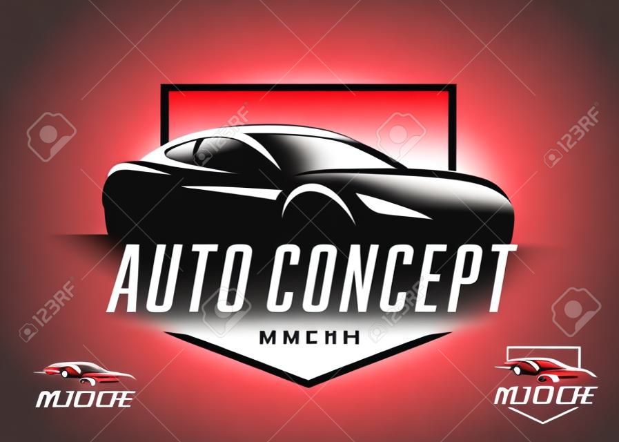 Auto sports car logo design concept. Supercar silhouette icon. Motor vehicle dealership showroom badge. Automotive performance garage workshop symbol. Vector illustration.