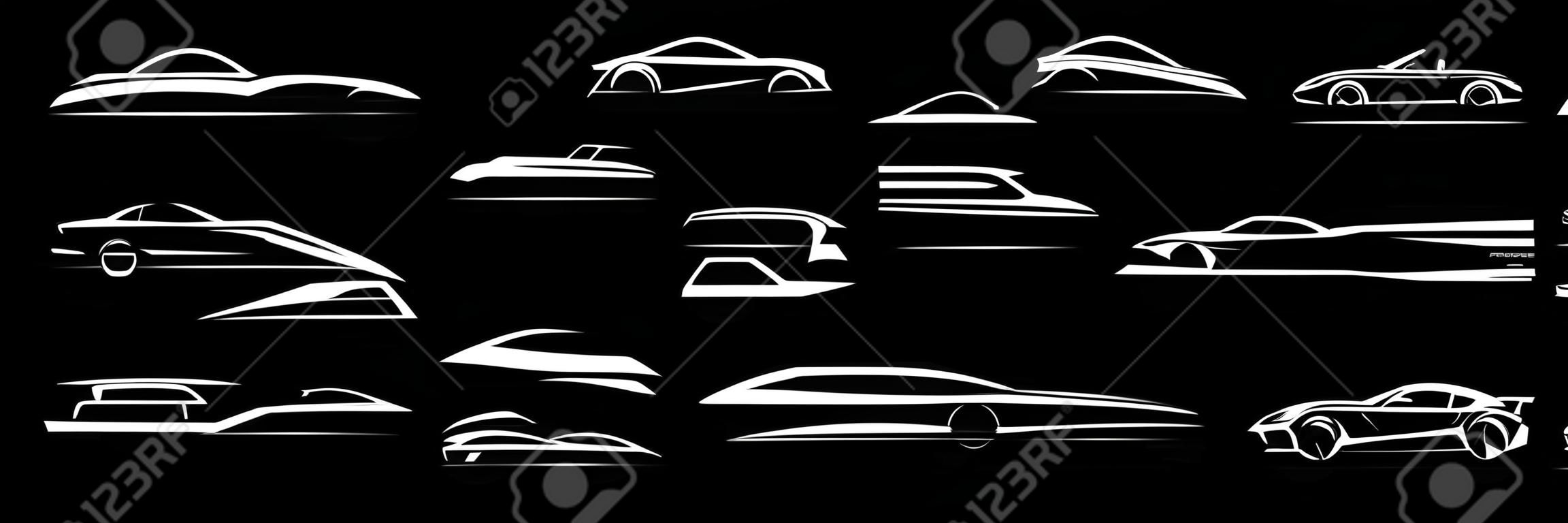 Zestaw ikon logo samochodu sportowego. emblematy sylwetki pojazdu silnikowego. elementy projektu tożsamości marki salonu samochodowego. ilustracje wektorowe.