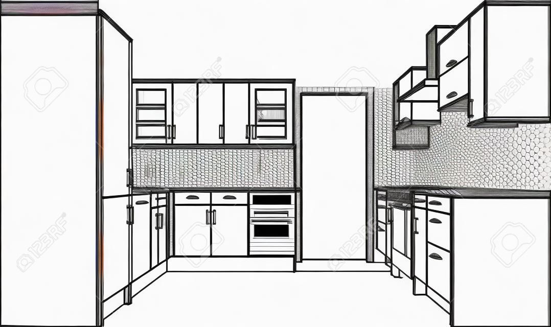 Un dibujo de línea única de punto de perspectiva 3d de una cocina. Versión.