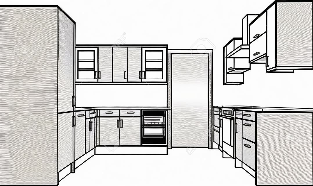 Un dibujo de línea única de punto de perspectiva 3d de una cocina. Versión.