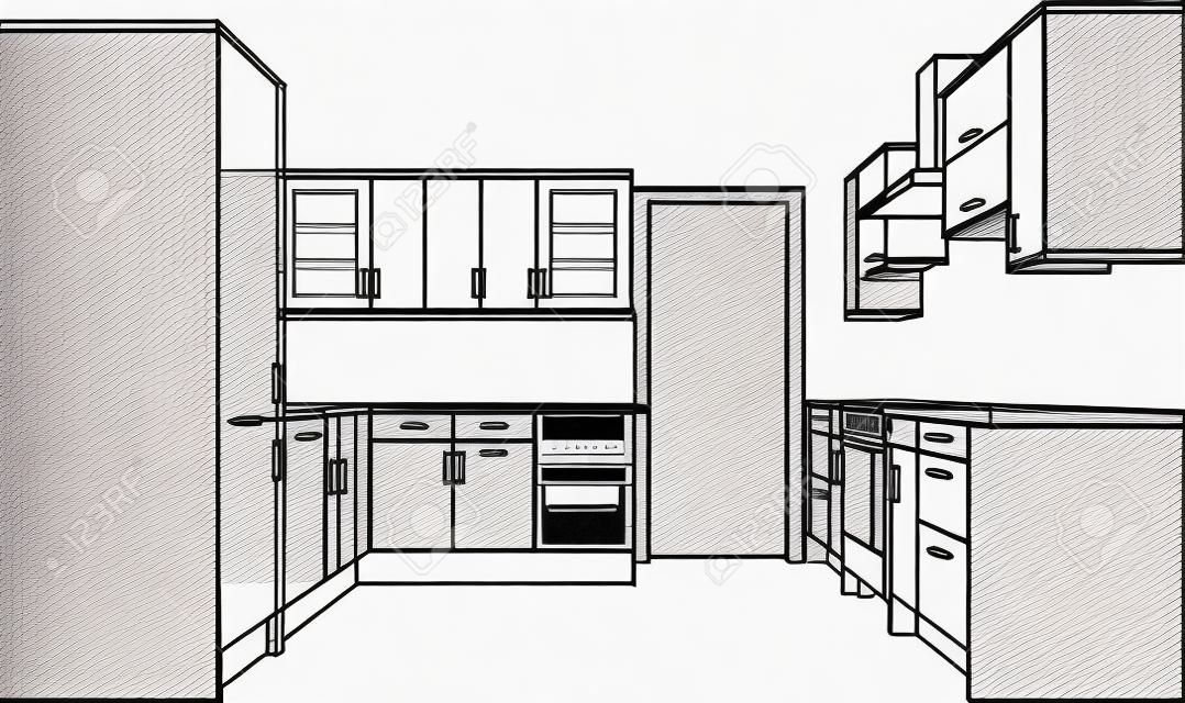 A 3d Single Point Perspective Line Drawing of a Fitted Kitchen. Version.