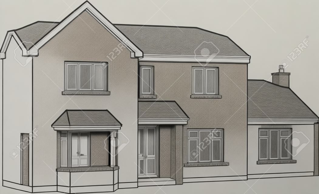 A 3d Two point perspective Line Drawing of a two storey detached house