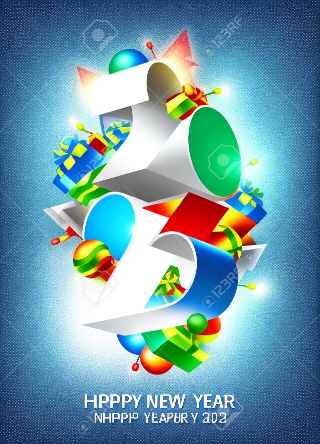 New year poster 2023. 3D numerical design with color Christmas decoration, gift boxes, and trees. Vector greeting card design.