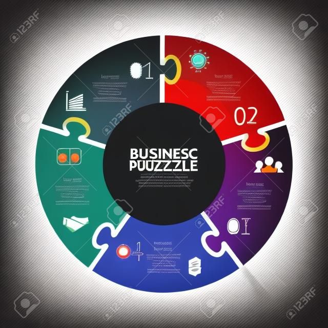 Vector Kreis Puzzle Infografik. Vorlage für Bild, Grafik, Präsentation und Grafik. Business-Konzept mit 5 Möglichkeiten, Teile, Schritte oder Verfahren. Zusammenfassung Hintergrund.