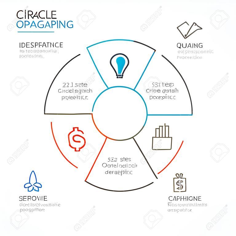 Circle arrows diagram for linear graph infographic presentation with 5 steps parts options.