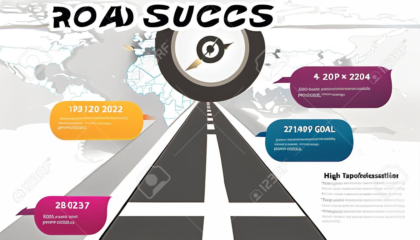 Weg naar succes infographic. Zakelijke presentatie dia template. Roadmap tijdlijn. Wereldkaart. Pijl raakte het doel. Doeldiagram. Grafiek met 4 stappen, opties, processen.