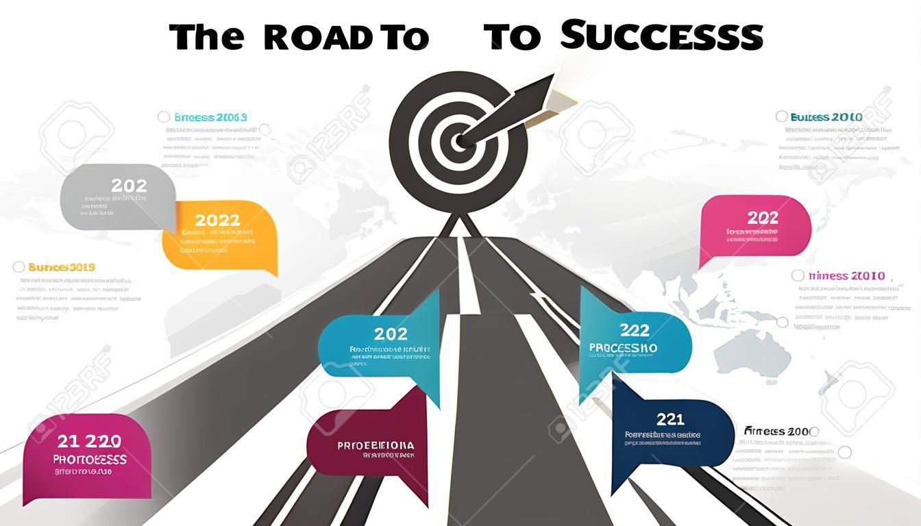 Weg naar succes infographic. Zakelijke presentatie dia template. Roadmap tijdlijn. Wereldkaart. Pijl raakte het doel. Doeldiagram. Grafiek met 4 stappen, opties, processen.