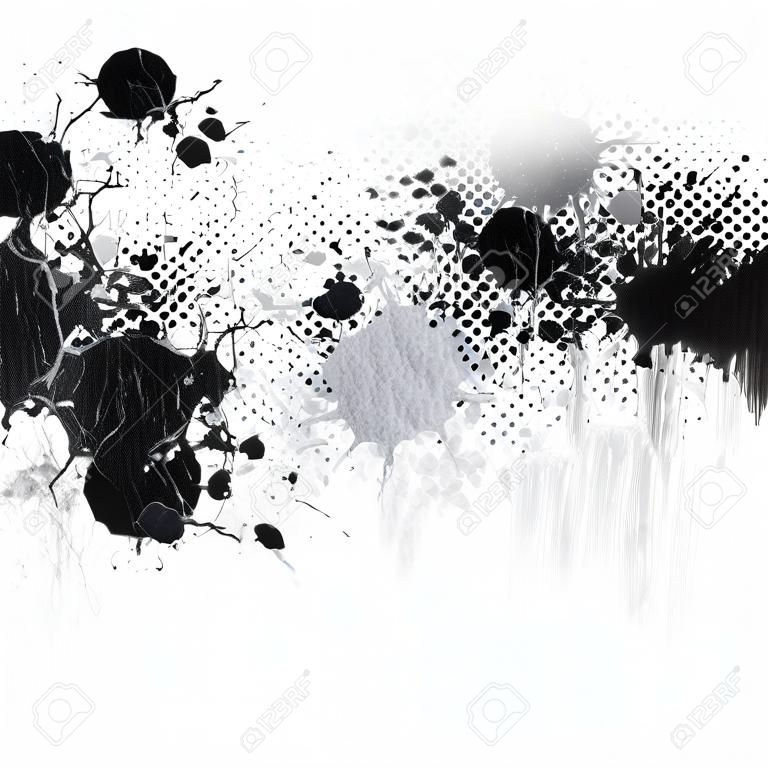 Diseño de salpicaduras de pintura o tinta de grunge aislado sobre blanco con copyspace.