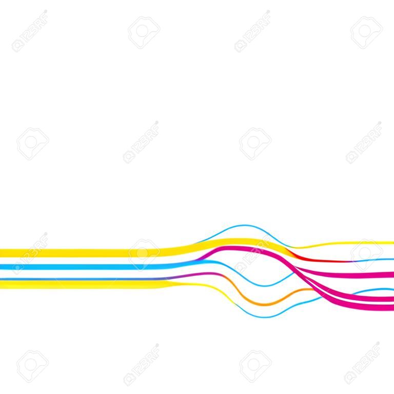 Abstract layout with wavy lines in a CMYK color scheme isolated over a white solid color background. 