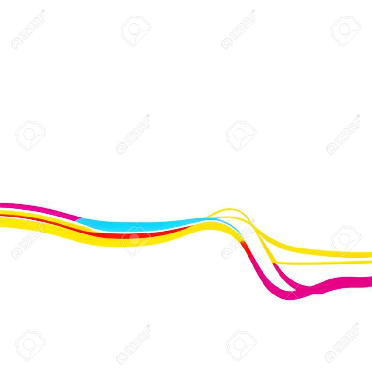 Abstract layout with wavy lines in a CMYK color scheme isolated over a white solid color background.