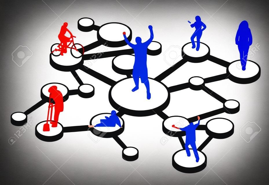 Una ilustración de diferentes tipos de personas conectadas en diferentes formas.  Esto funciona muy social devolución de redes o boca en boca, conceptos de marketing.