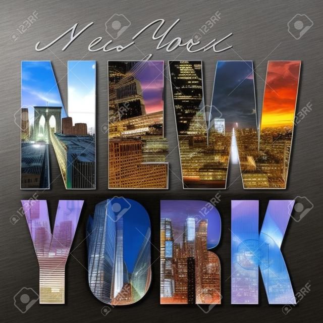 A New York City themed montage or collage featuring different famous locations and areas of The Big Apple.
