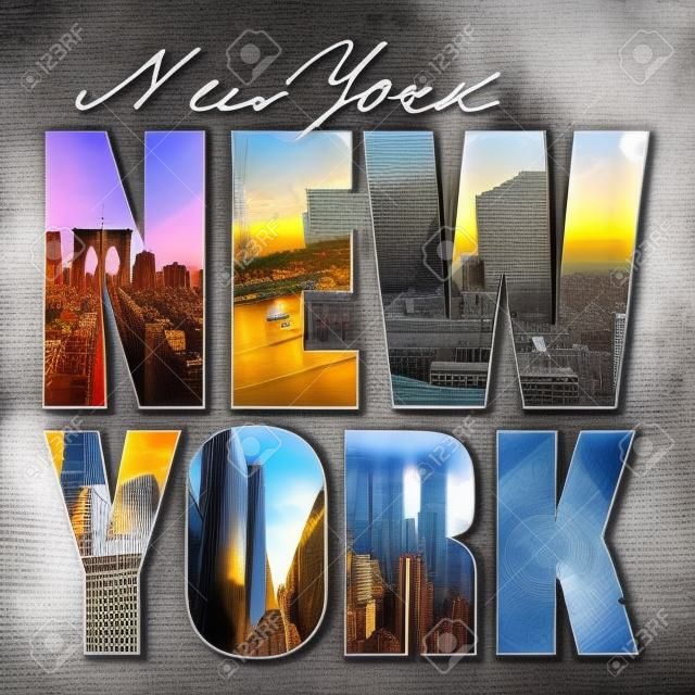 A New York City a tema montaggio o collage con diverse luoghi famosi e le aree della Grande Mela.