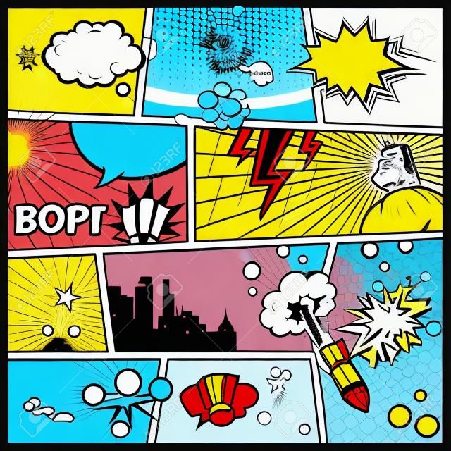 漫画模板矢量复古漫画泡泡说明模拟语音巴布鲁斯符号与声音效果的彩色半色调的背景和超级英雄的地方，Comic Book Page