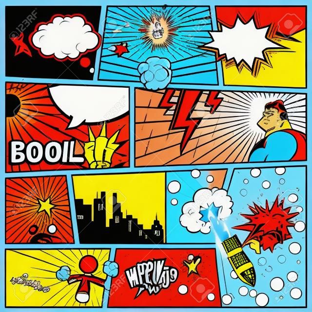 Komiksy szablonu. Retro Comic Book Speech Bubbles ilustracji. Makiety z Comic Book Page z miejscem na tekst, mowy Bubbls, symbole, efekty dźwiękowe i kolorowe tła półtonów Superhero
