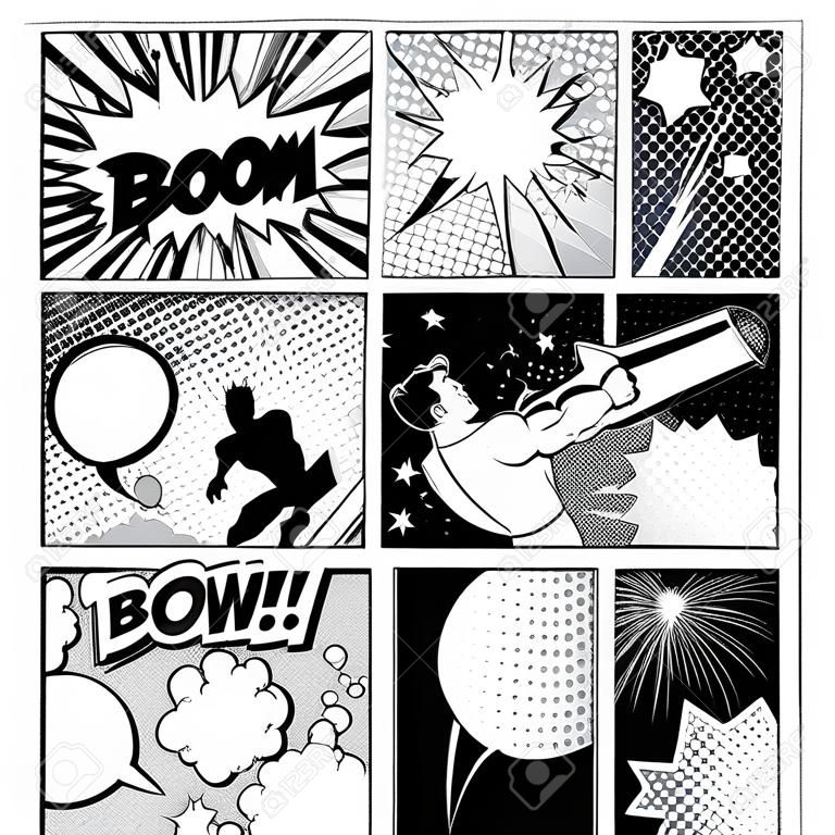 Set of comics speech and explosion bubbles on a comics book page background. Super hero, rocket, city silhouette and firework design elements