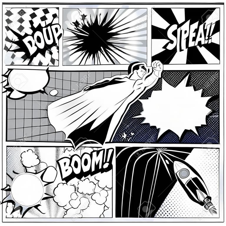 Zestaw komiksów mowy i wybuchu pęcherzyków na tle strony książki komiksu. Super bohater, rakieta, sylwetka miasta i elementy projektu fajerwerków