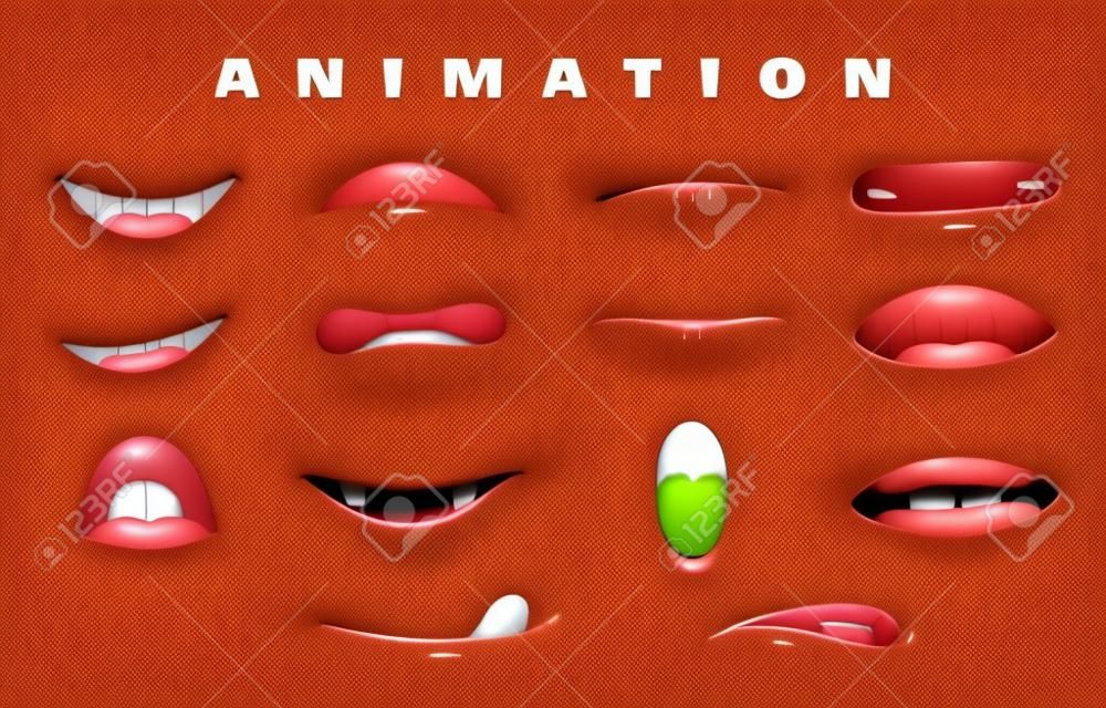 Mouth animation. Funny cartoon mouths set with expression. Cartoon talking mouth and lips vector animations poses
