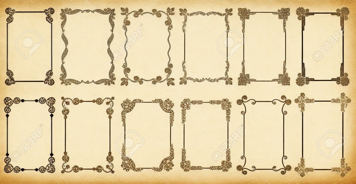 Decorative frames. Vintage calligraphic antique borders. Ornate calligraph rectangle frames, wedding elegant ornamental borders and filigree floral ornaments for framed certificate template