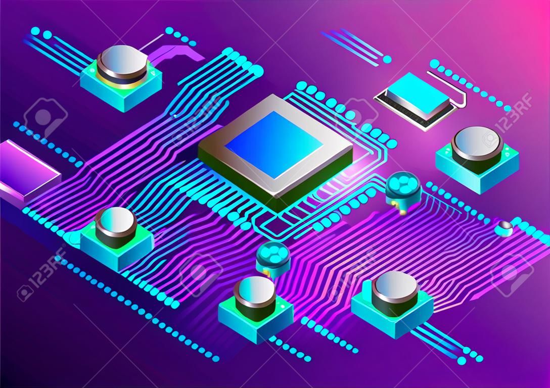 Electronic cpu digital chip. Abstract computer processor and electronic components on motherboard or circuit board. Electronic devices on microchip or microprocessor, hardware engineering. AI