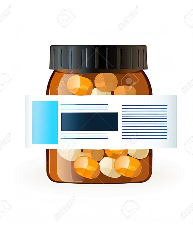 Pill bottle label and pills inside. Medical jar for pills, drugs, tablets, capsules or vitamins. Pharmaceutic container in vector flat style design. Medicine bottle isolated on white background
