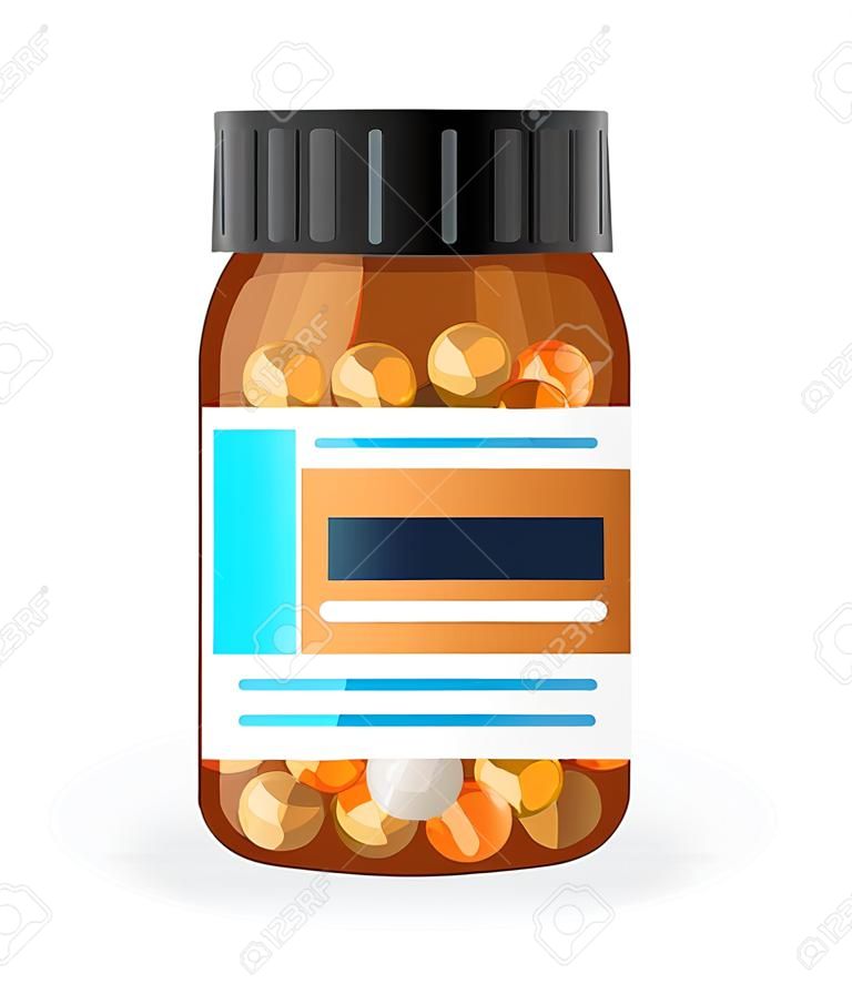 Pill bottle label and pills inside. Medical jar for pills, drugs, tablets, capsules or vitamins. Pharmaceutic container in vector flat style design. Medicine bottle isolated on white background
