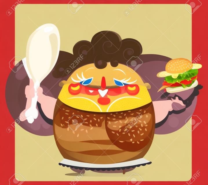Büyük bir burger ve büyük bir tavuk bacak tutan bir üzücü karikatür sarışın şişman kadın