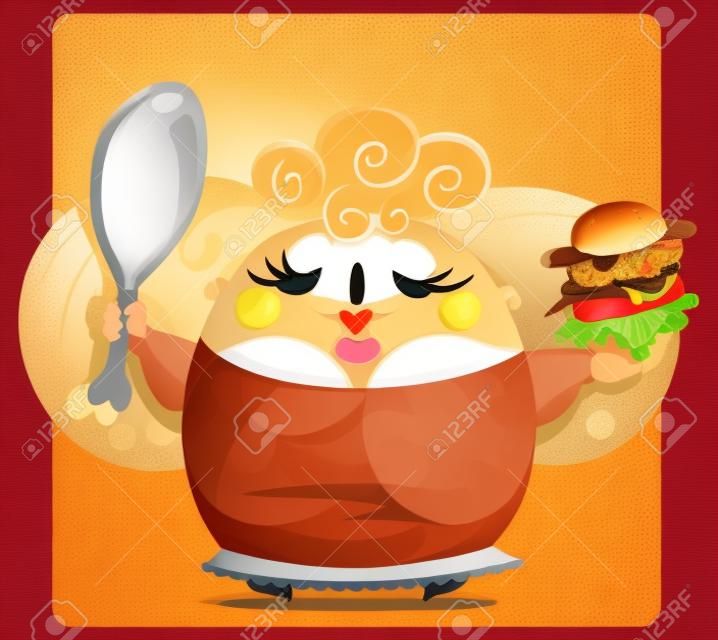A szomorú rajzfilm szőke kövér nő, kezében egy nagy burger és egy hatalmas csirkecomb