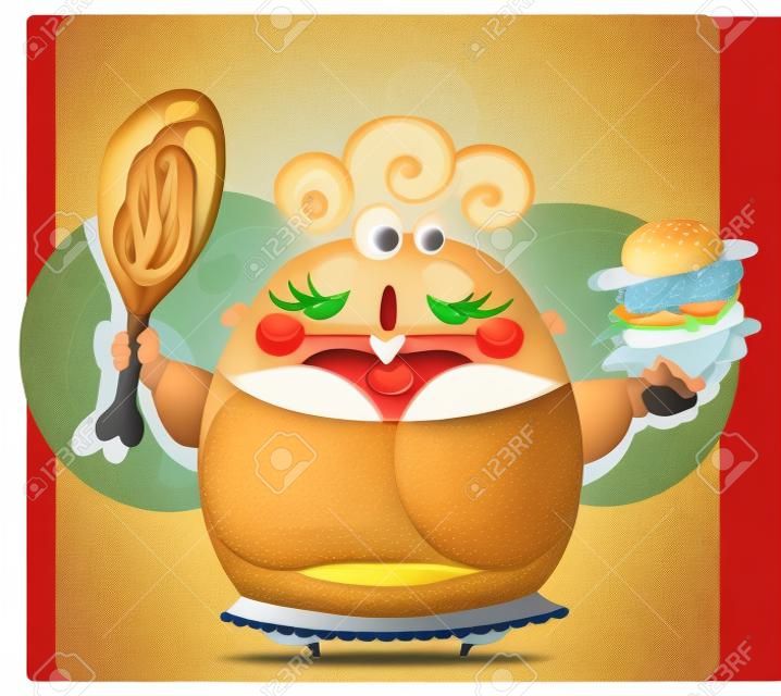 Een droevige cartoon blonde dikke vrouw met een grote hamburger en een enorme kippenpoot
