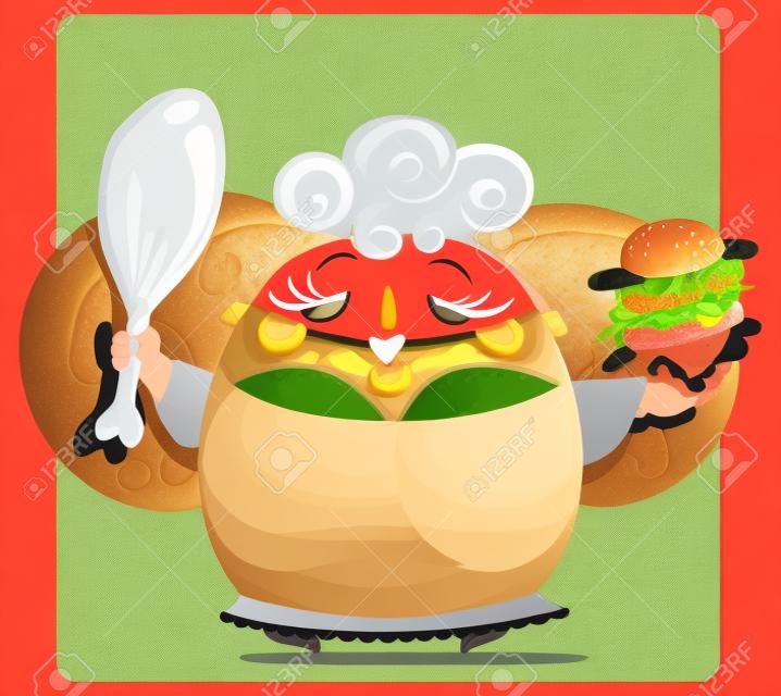 Een droevige cartoon blonde dikke vrouw met een grote hamburger en een enorme kippenpoot