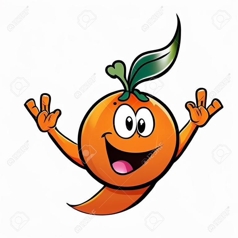 Una naranja feliz agitando sus manos