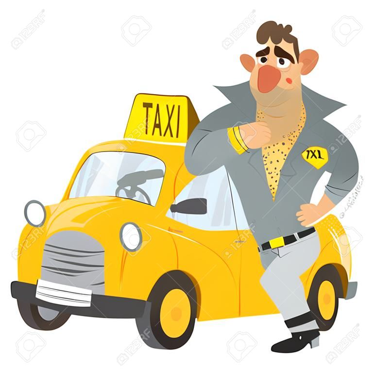 漫画の彼の黄色の車とタクシー ドライバーのユーモラスなキャラクター