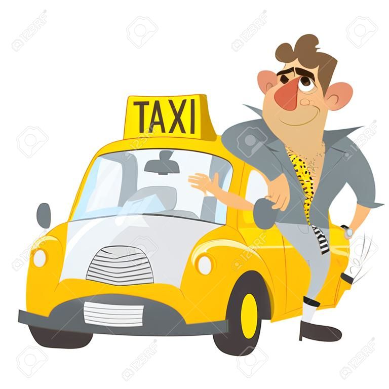 Cartoon Taxifahrer humorvollen Charakter mit seinem gelben Auto