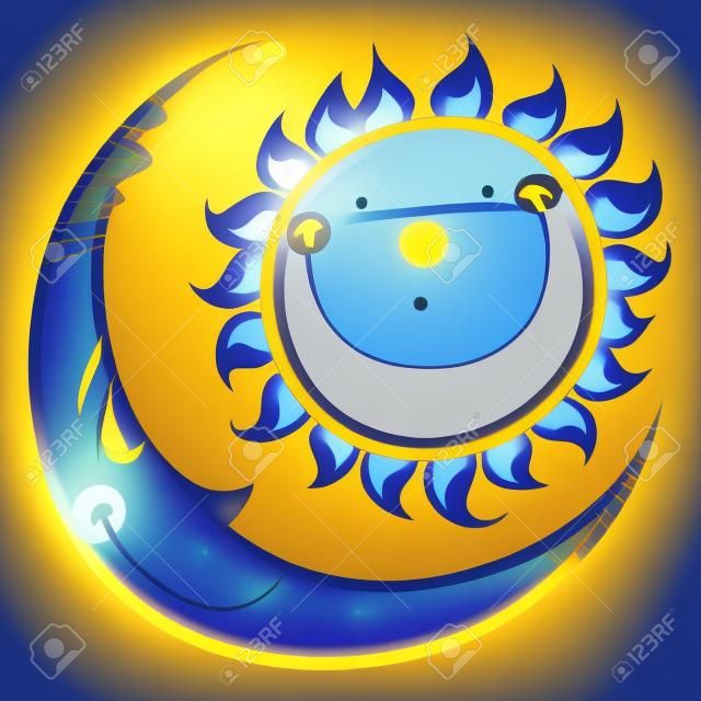 노란 미소 빛나는 태양과 푸른 달 만화 캐릭터 밤낮의 균형 조화 아이콘을 자고