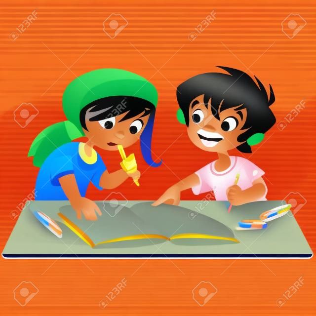 Children pupils reading together while boy explains to girl pointing at their notebook