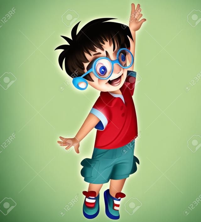 Lindo niño sonriente con gafas tratando de alcanzar algo mientras mira hacia arriba